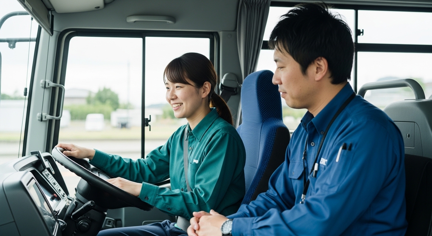東海バスの運転体験会で、初めてバスの運転席に座り、緊張しながらも笑顔を見せる30代の参加者。隣にはベテラン乗務員が穏やかに指導している様子
