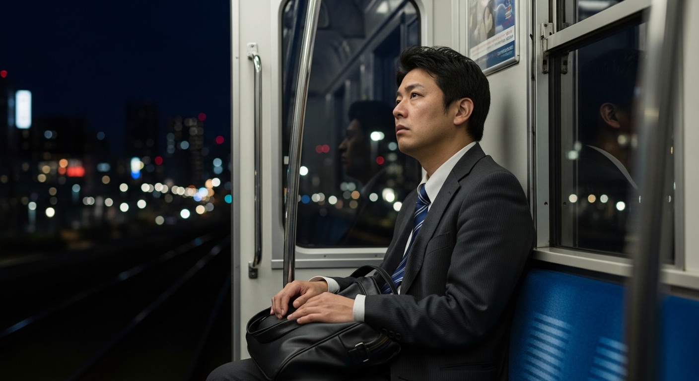 疲れた表情で夜遅くの電車に乗り、窓の外の夜景をぼんやり眺める30代の男性。スーツ姿で鞄を膝に置き、目元に疲労の影が見える