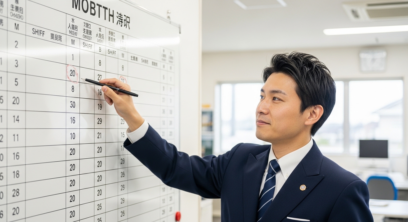 整然とした勤務シフト表が貼られたホワイトボードの前で、穏やかな表情で翌月のスケジュールを確認する制服姿のバス運転士。背景には明るい事務所の雰囲気